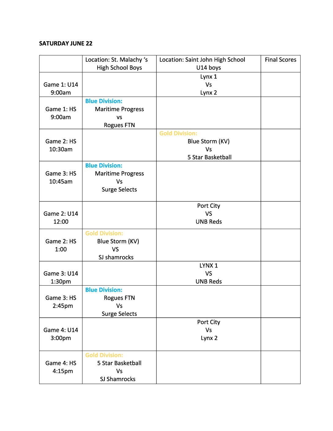 saturday sschedule